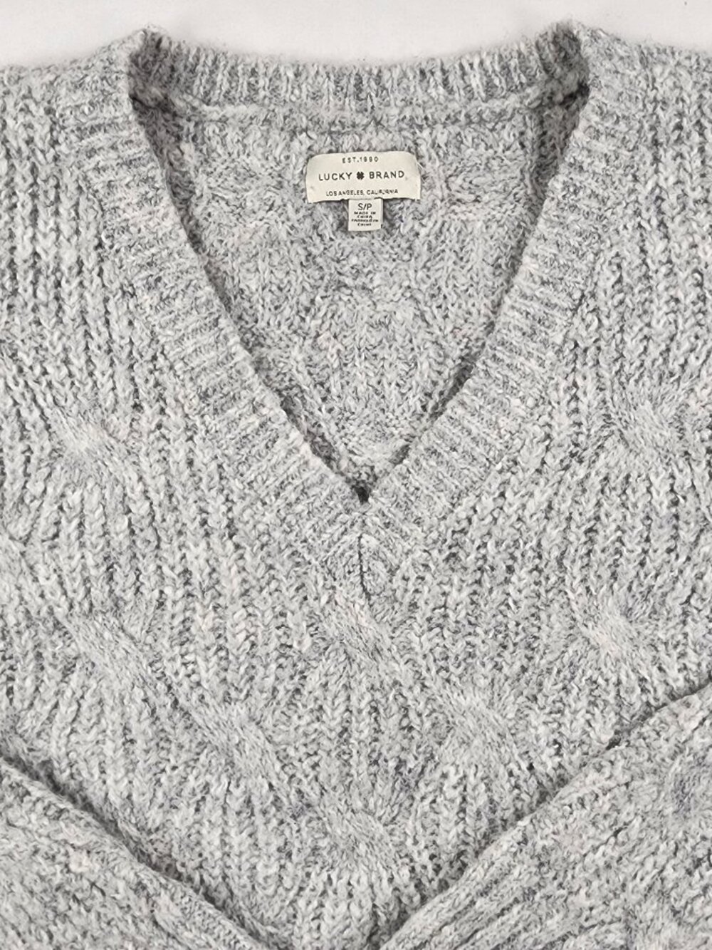 Lucky Brand Womens S Light Gray Cable Knit V Neck Pullover Stretch Sweater EX